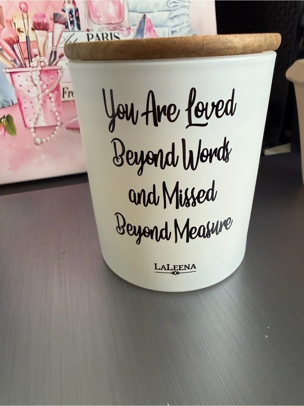 Aris White Ceramic Jar with Wood Lid and Black Script